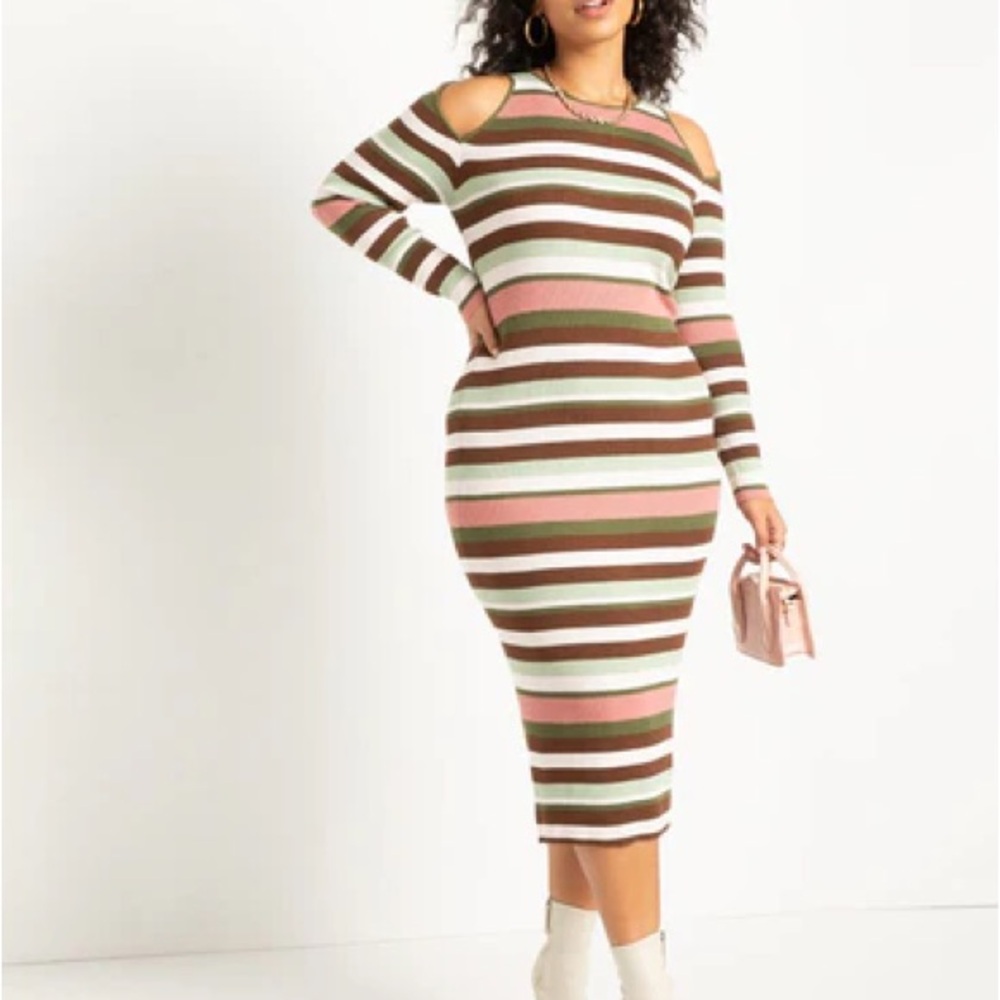 Eloquii Brown and White Cold Shoulder Bodycon Dress